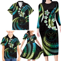 Hawaii Map Kanaka Maoli Family Matching Long Sleeve Bodycon Dress and Hawaiian Shirt Fantastic Frangipani Chartreuse Cyan