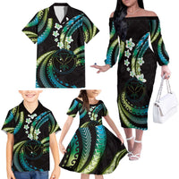 Hawaii Map Kanaka Maoli Family Matching Off The Shoulder Long Sleeve Dress and Hawaiian Shirt Fantastic Frangipani Chartreuse Cyan