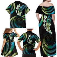 Hawaii Map Kanaka Maoli Family Matching Off Shoulder Maxi Dress and Hawaiian Shirt Fantastic Frangipani Chartreuse Cyan