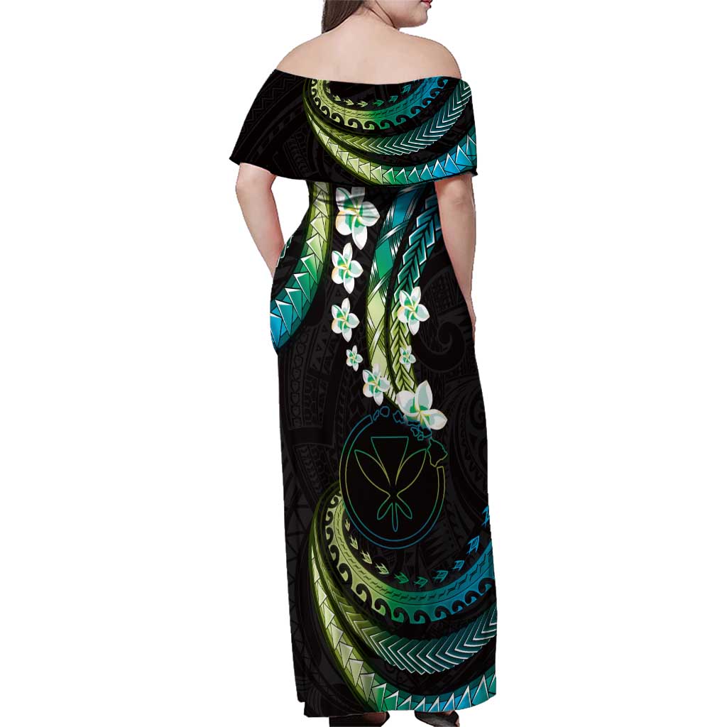 Hawaii Map Kanaka Maoli Family Matching Off Shoulder Maxi Dress and Hawaiian Shirt Fantastic Frangipani Chartreuse Cyan
