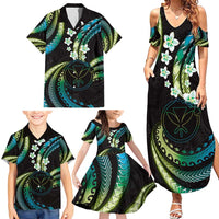 Hawaii Map Kanaka Maoli Family Matching Summer Maxi Dress and Hawaiian Shirt Fantastic Frangipani Chartreuse Cyan