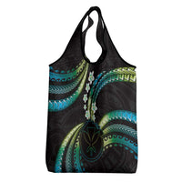 Hawaii Map Kanaka Maoli Grocery Bag Fantastic Frangipani Chartreuse Cyan