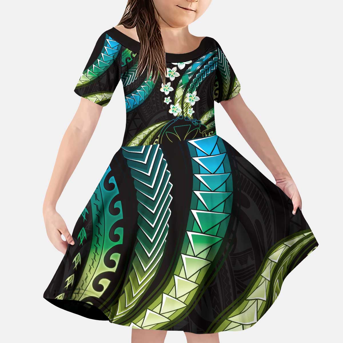 Hawaii Map Kanaka Maoli Kid Short Sleeve Dress Fantastic Frangipani Chartreuse Cyan