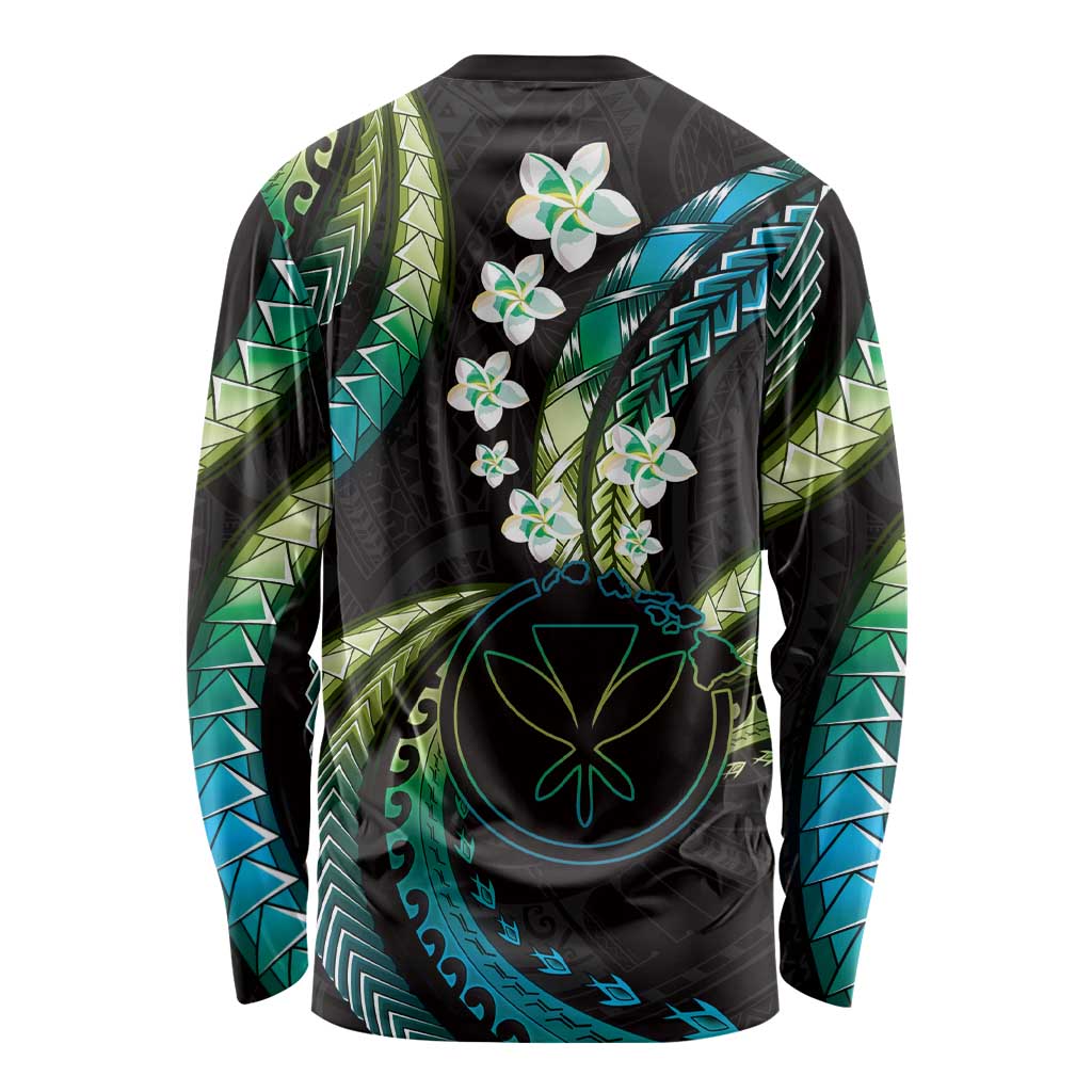 Hawaii Map Kanaka Maoli Long Sleeve Shirt Fantastic Frangipani Chartreuse Cyan