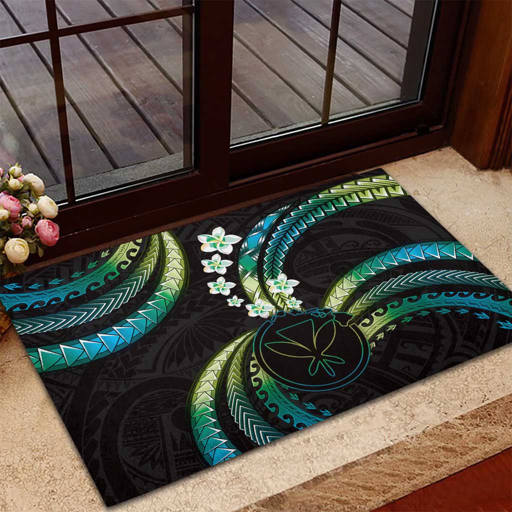 Hawaii Map Kanaka Maoli Rubber Doormat Fantastic Frangipani Chartreuse Cyan