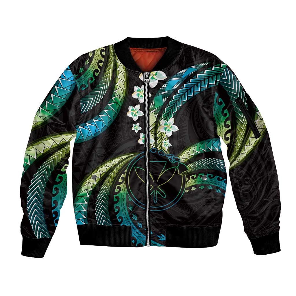 Hawaii Map Kanaka Maoli Sleeve Zip Bomber Jacket Fantastic Frangipani Chartreuse Cyan