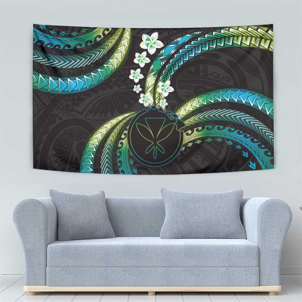 Hawaii Map Kanaka Maoli Tapestry Fantastic Frangipani Chartreuse Cyan