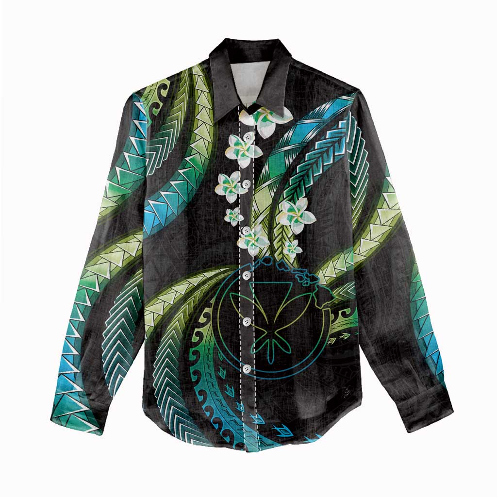 Hawaii Map Kanaka Maoli Women Casual Shirt Fantastic Frangipani Chartreuse Cyan