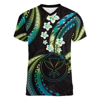 Hawaii Map Kanaka Maoli Women V-Neck T-Shirt Fantastic Frangipani Chartreuse Cyan