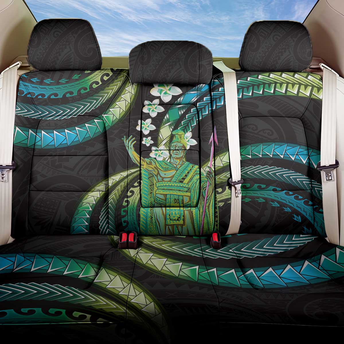 Hawaii King Kamehameha Back Car Seat Cover Fantastic Plumeria Chartreuse Cyan