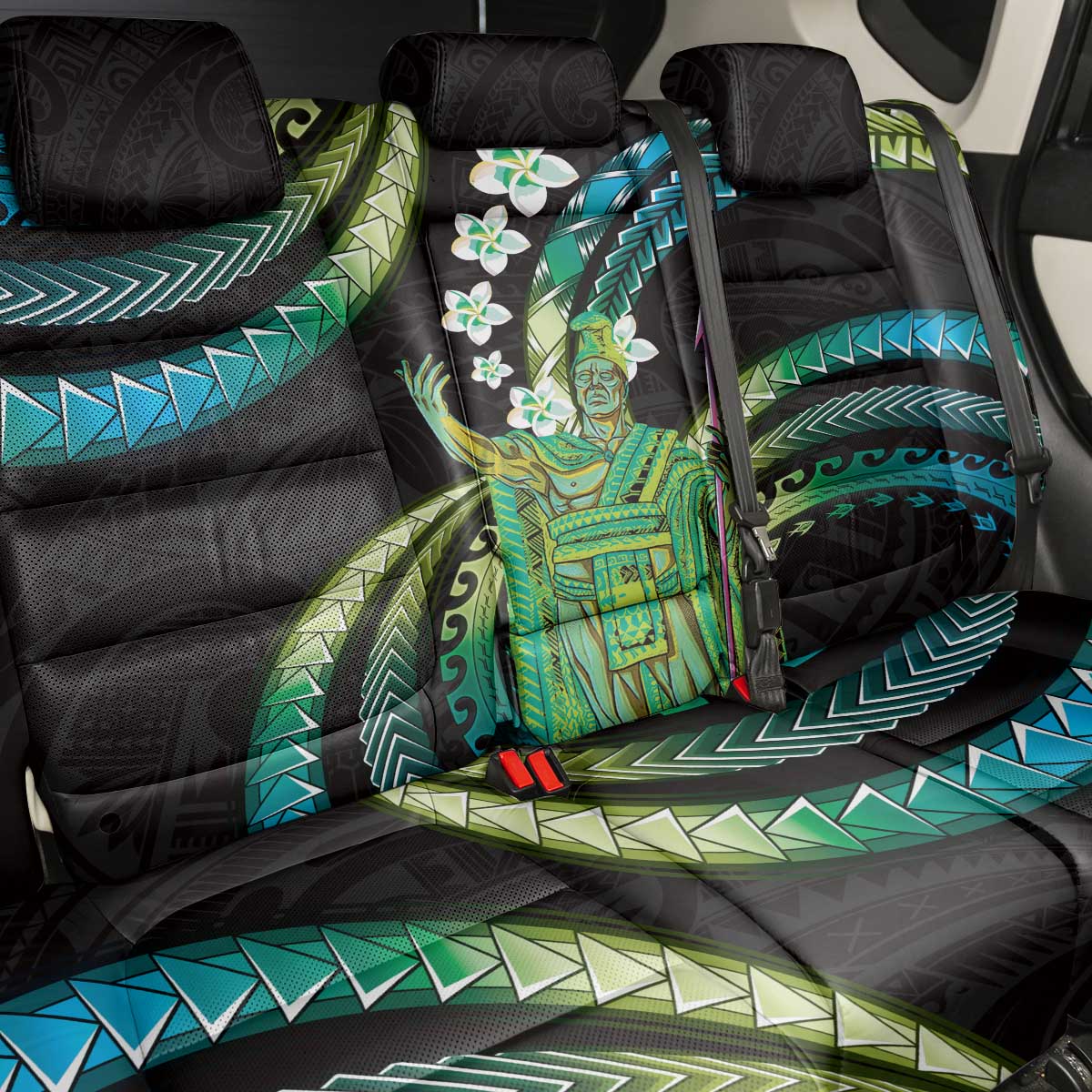 Hawaii King Kamehameha Back Car Seat Cover Fantastic Plumeria Chartreuse Cyan