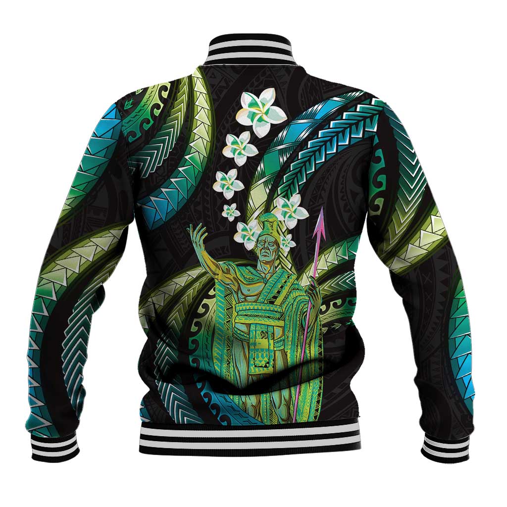 Hawaii King Kamehameha Baseball Jacket Fantastic Plumeria Chartreuse Cyan
