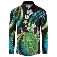 Hawaii King Kamehameha Button Sweatshirt Fantastic Plumeria Chartreuse Cyan