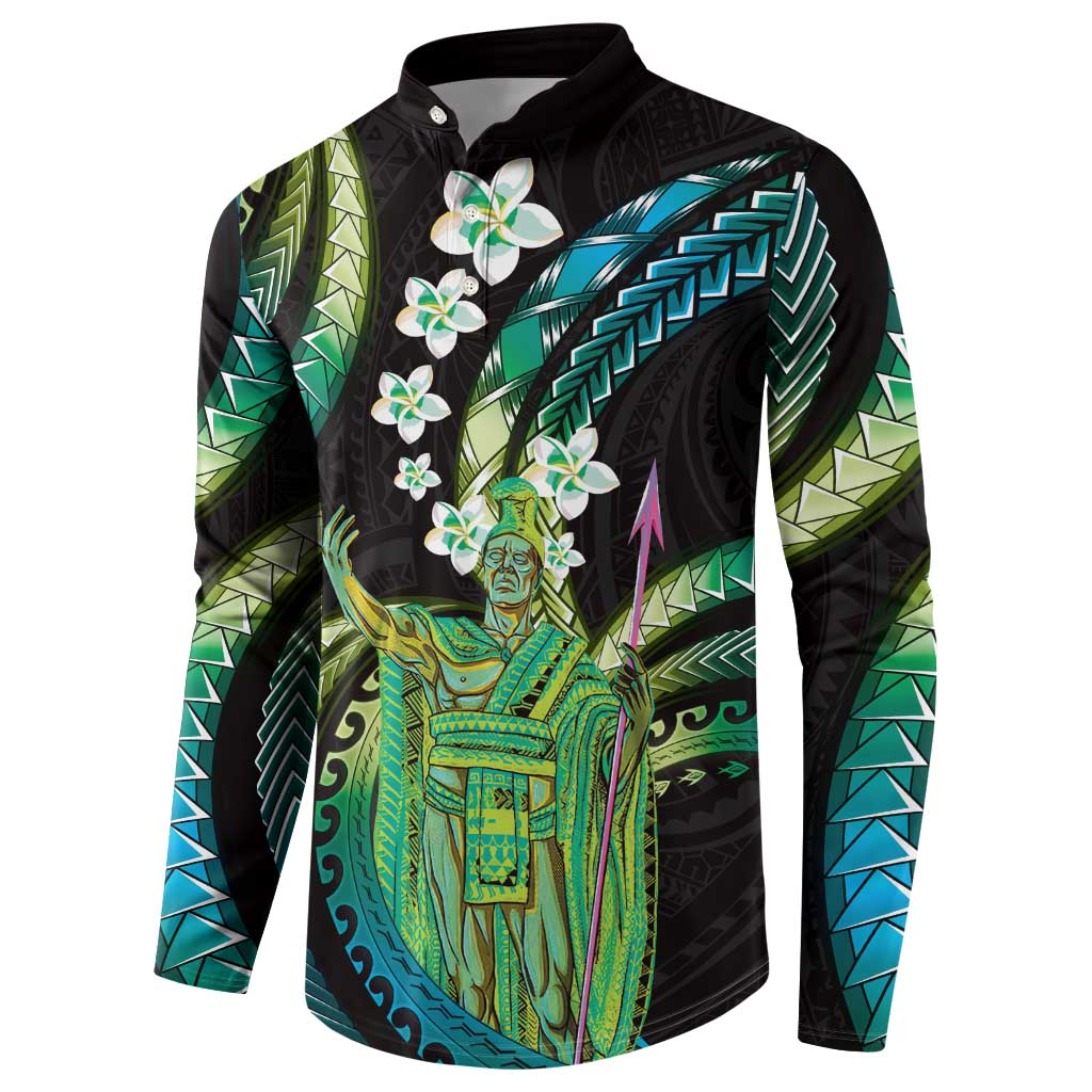 Hawaii King Kamehameha Button Sweatshirt Fantastic Plumeria Chartreuse Cyan