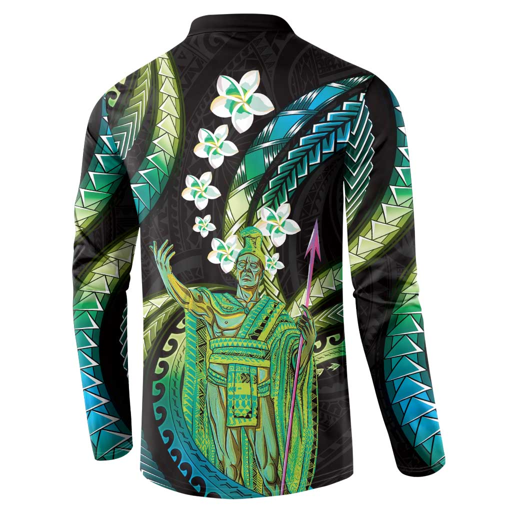 Hawaii King Kamehameha Button Sweatshirt Fantastic Plumeria Chartreuse Cyan