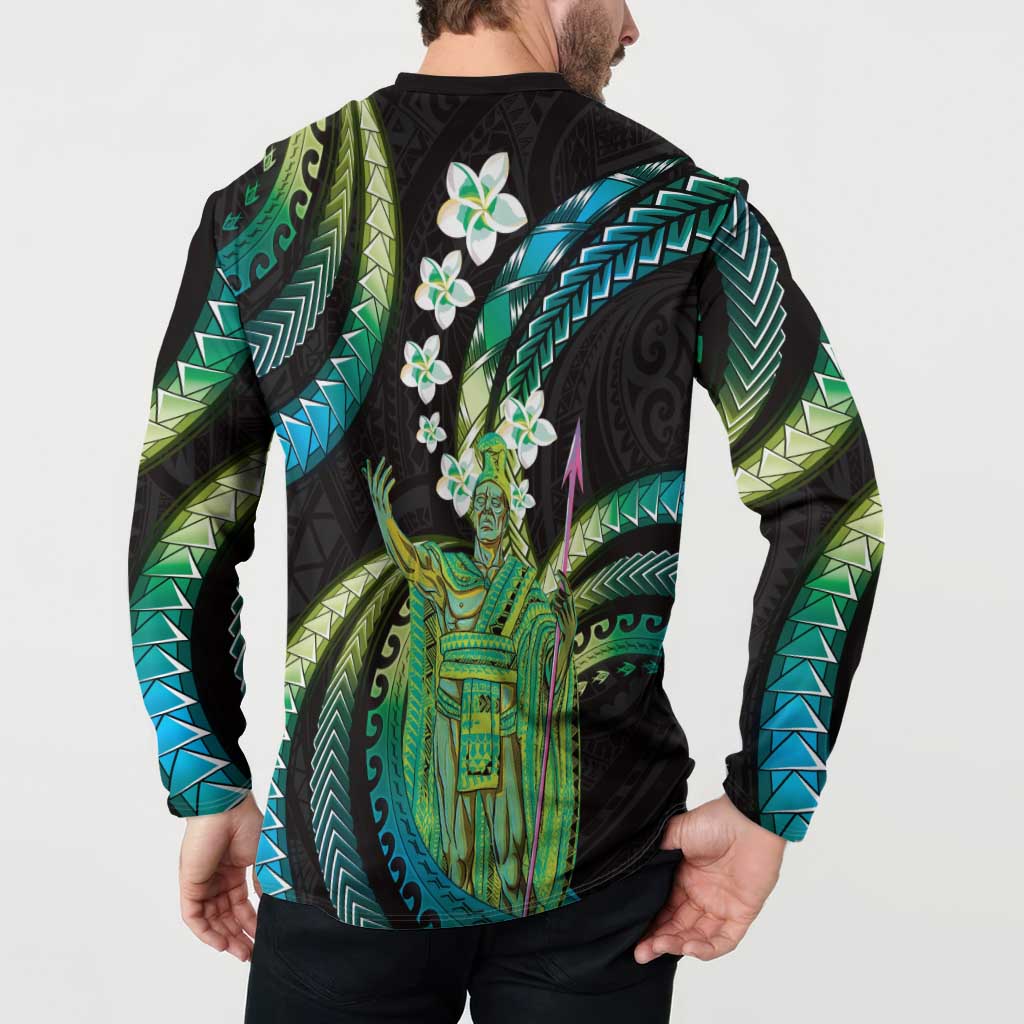 Hawaii King Kamehameha Button Sweatshirt Fantastic Plumeria Chartreuse Cyan