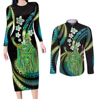 Hawaii King Kamehameha Couples Matching Long Sleeve Bodycon Dress and Long Sleeve Button Shirt Fantastic Plumeria Chartreuse Cyan