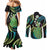 Hawaii King Kamehameha Couples Matching Mermaid Dress and Long Sleeve Button Shirt Fantastic Plumeria Chartreuse Cyan