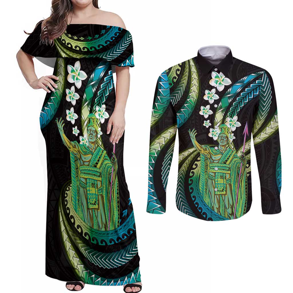 Hawaii King Kamehameha Couples Matching Off Shoulder Maxi Dress and Long Sleeve Button Shirt Fantastic Plumeria Chartreuse Cyan