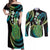 Hawaii King Kamehameha Couples Matching Off Shoulder Maxi Dress and Long Sleeve Button Shirt Fantastic Plumeria Chartreuse Cyan