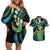 Hawaii King Kamehameha Couples Matching Off Shoulder Short Dress and Hawaiian Shirt Fantastic Plumeria Chartreuse Cyan
