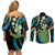 Hawaii King Kamehameha Couples Matching Off Shoulder Short Dress and Long Sleeve Button Shirt Fantastic Plumeria Chartreuse Cyan