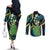 Hawaii King Kamehameha Couples Matching Off The Shoulder Long Sleeve Dress and Long Sleeve Button Shirt Fantastic Plumeria Chartreuse Cyan