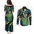 Hawaii King Kamehameha Couples Matching Puletasi and Long Sleeve Button Shirt Fantastic Plumeria Chartreuse Cyan