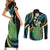 Hawaii King Kamehameha Couples Matching Short Sleeve Bodycon Dress and Long Sleeve Button Shirt Fantastic Plumeria Chartreuse Cyan