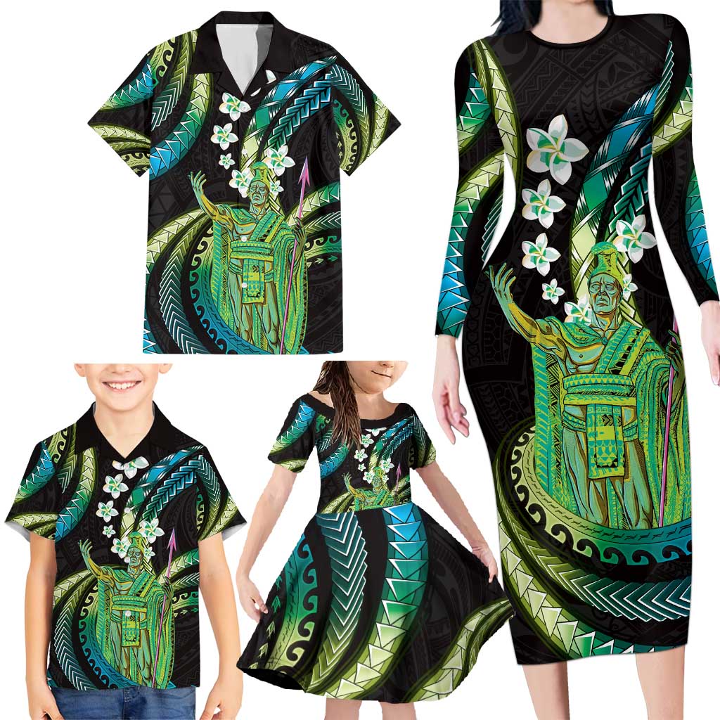 Hawaii King Kamehameha Family Matching Long Sleeve Bodycon Dress and Hawaiian Shirt Fantastic Plumeria Chartreuse Cyan
