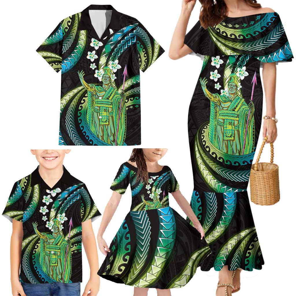 Hawaii King Kamehameha Family Matching Mermaid Dress and Hawaiian Shirt Fantastic Plumeria Chartreuse Cyan