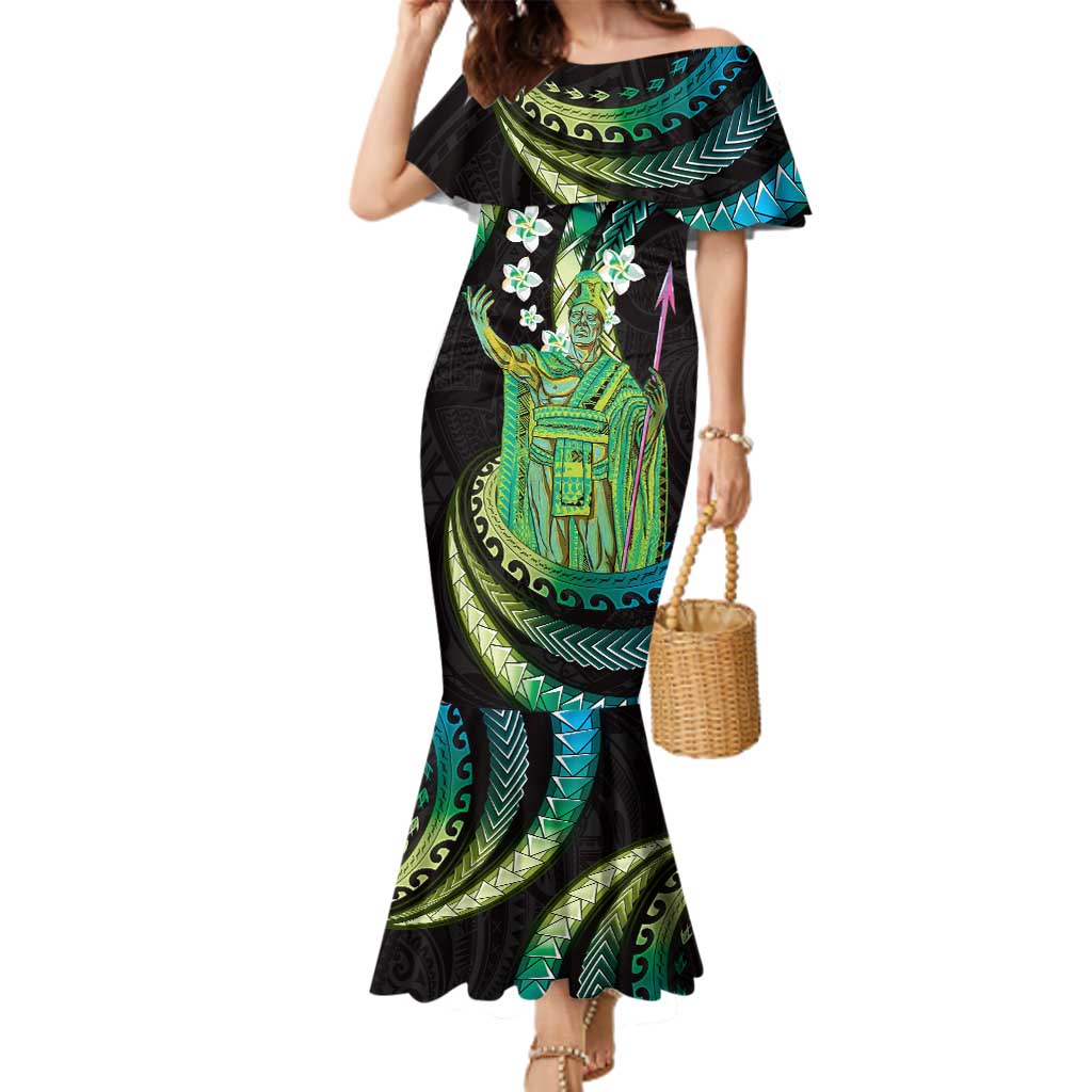 Hawaii King Kamehameha Family Matching Mermaid Dress and Hawaiian Shirt Fantastic Plumeria Chartreuse Cyan