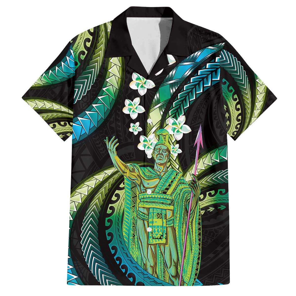 Hawaii King Kamehameha Family Matching Off The Shoulder Long Sleeve Dress and Hawaiian Shirt Fantastic Plumeria Chartreuse Cyan