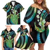Hawaii King Kamehameha Family Matching Off Shoulder Short Dress and Hawaiian Shirt Fantastic Plumeria Chartreuse Cyan