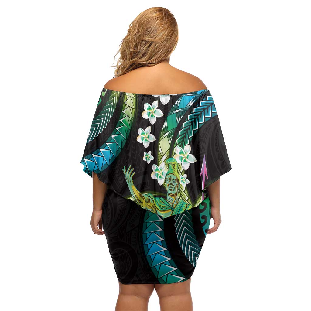 Hawaii King Kamehameha Family Matching Off Shoulder Short Dress and Hawaiian Shirt Fantastic Plumeria Chartreuse Cyan
