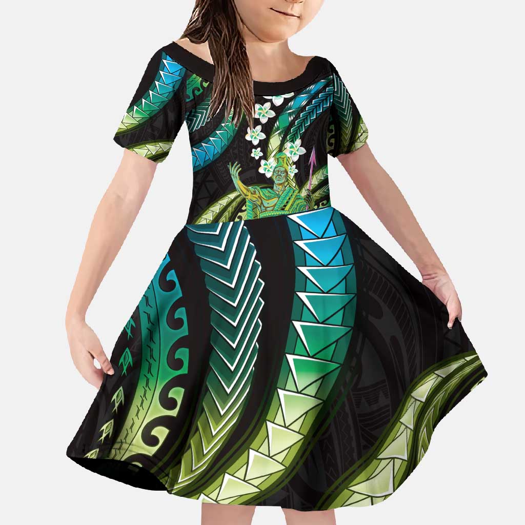 Hawaii King Kamehameha Family Matching Short Sleeve Bodycon Dress and Hawaiian Shirt Fantastic Plumeria Chartreuse Cyan