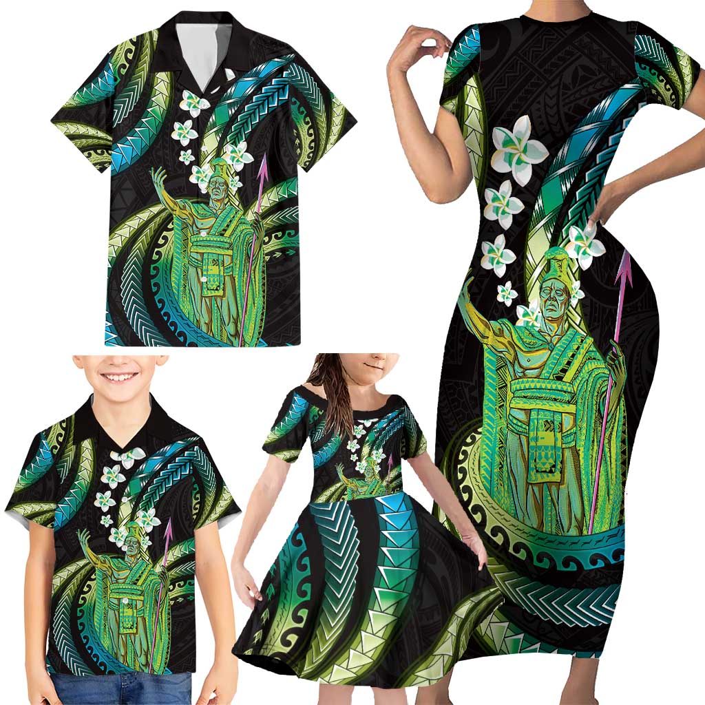 Hawaii King Kamehameha Family Matching Short Sleeve Bodycon Dress and Hawaiian Shirt Fantastic Plumeria Chartreuse Cyan