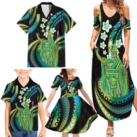 Hawaii King Kamehameha Family Matching Summer Maxi Dress and Hawaiian Shirt Fantastic Plumeria Chartreuse Cyan