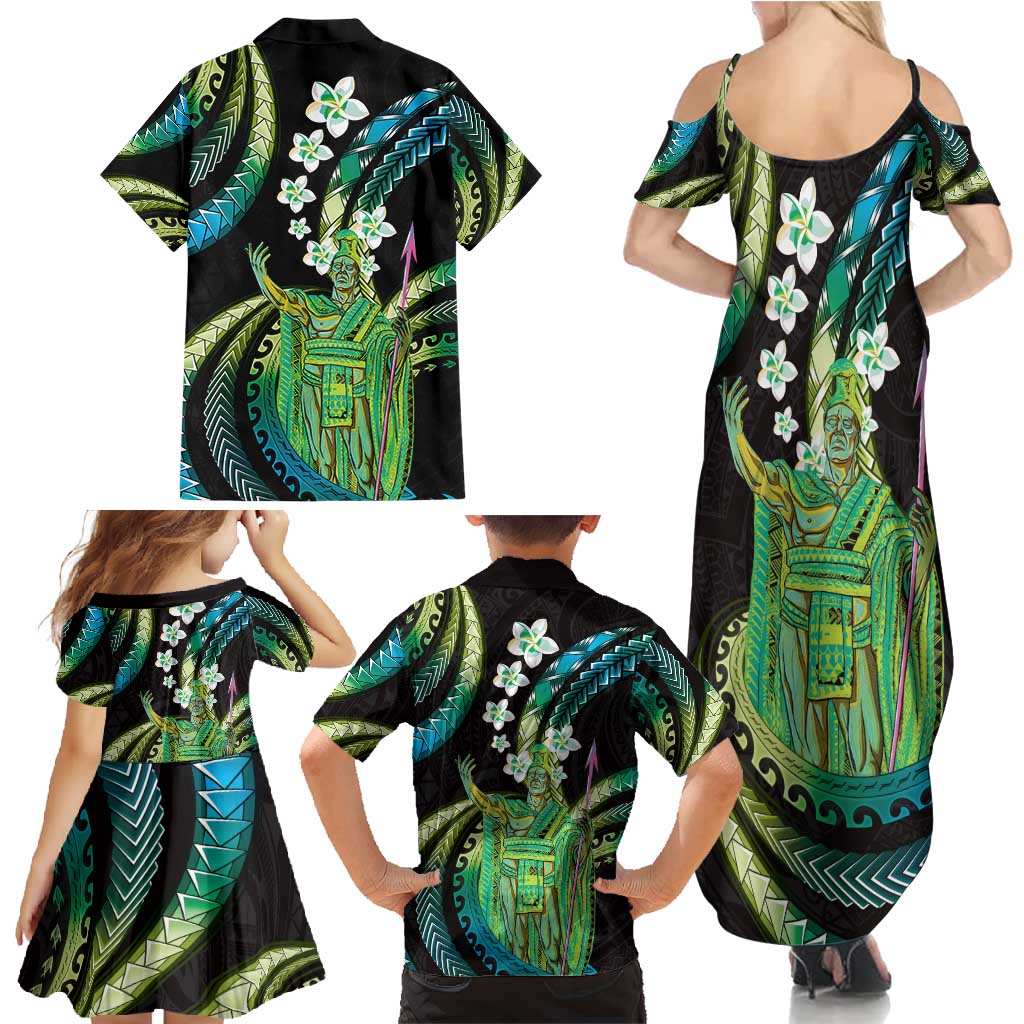 Hawaii King Kamehameha Family Matching Summer Maxi Dress and Hawaiian Shirt Fantastic Plumeria Chartreuse Cyan