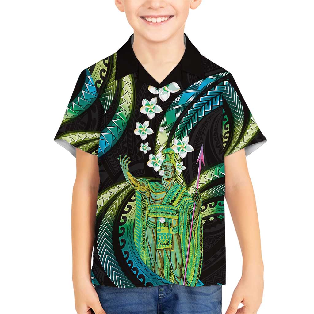 Hawaii King Kamehameha Family Matching Summer Maxi Dress and Hawaiian Shirt Fantastic Plumeria Chartreuse Cyan