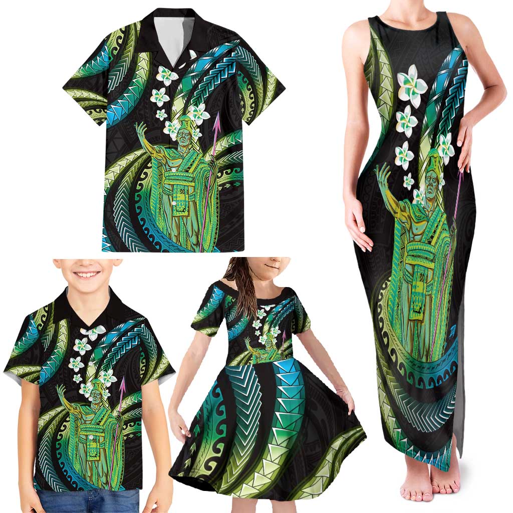 Hawaii King Kamehameha Family Matching Tank Maxi Dress and Hawaiian Shirt Fantastic Plumeria Chartreuse Cyan