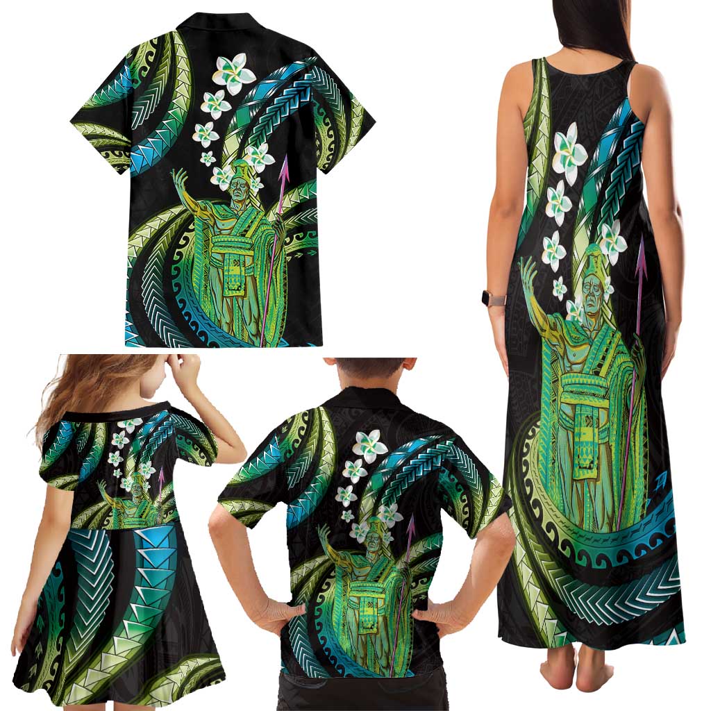 Hawaii King Kamehameha Family Matching Tank Maxi Dress and Hawaiian Shirt Fantastic Plumeria Chartreuse Cyan