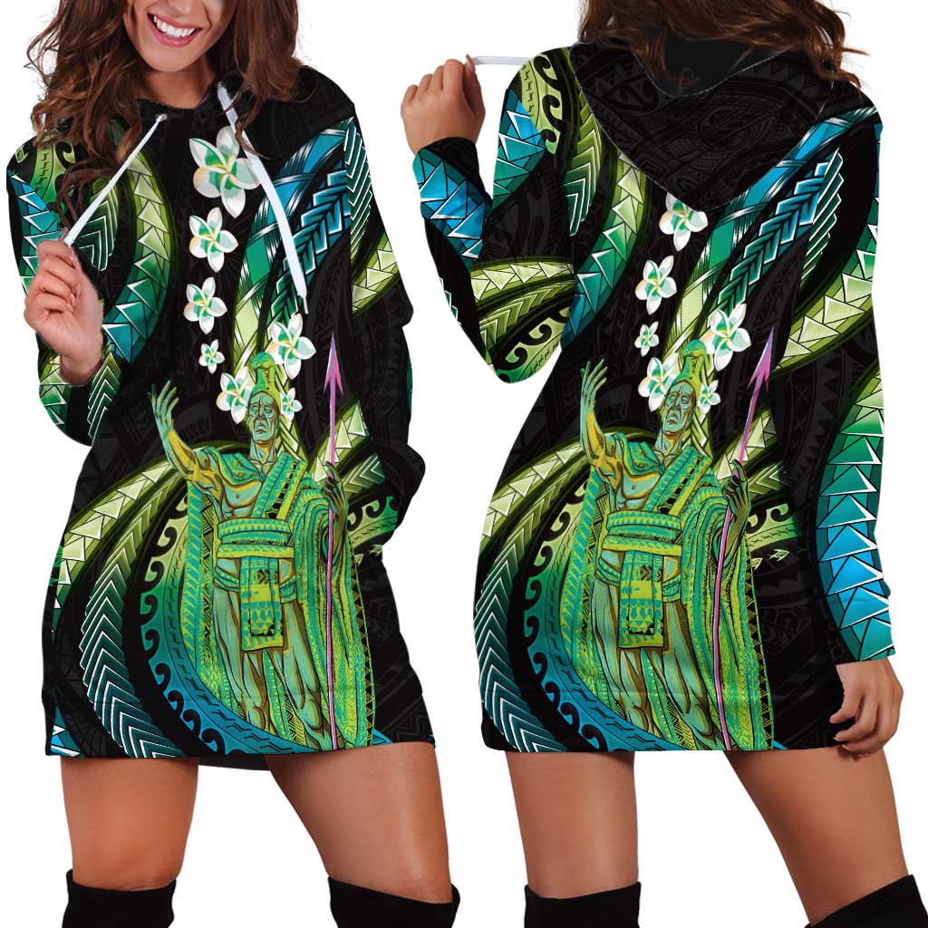 Hawaii King Kamehameha Hoodie Dress Fantastic Plumeria Chartreuse Cyan