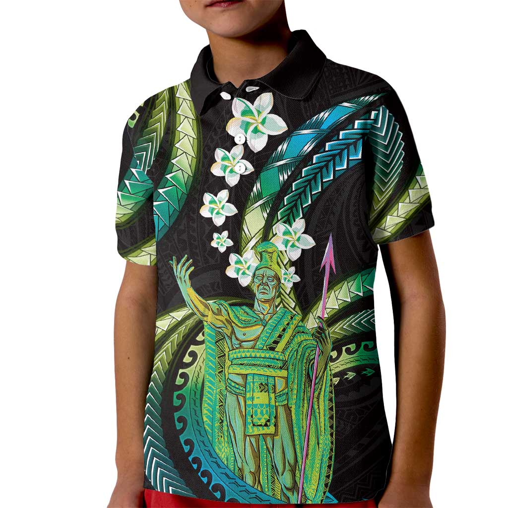 Hawaii King Kamehameha Kid Polo Shirt Fantastic Plumeria Chartreuse Cyan