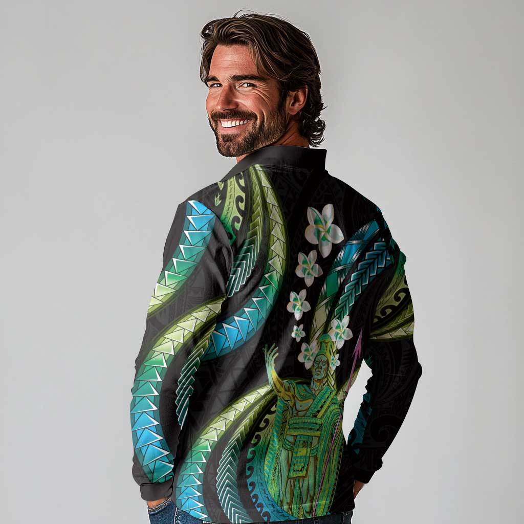 Hawaii King Kamehameha Long Sleeve Polo Shirt Fantastic Plumeria Chartreuse Cyan