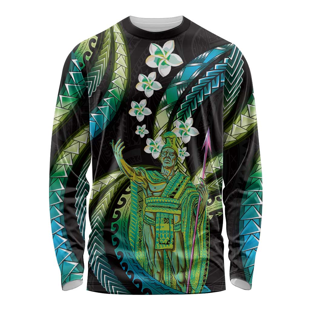 Hawaii King Kamehameha Long Sleeve Shirt Fantastic Plumeria Chartreuse Cyan