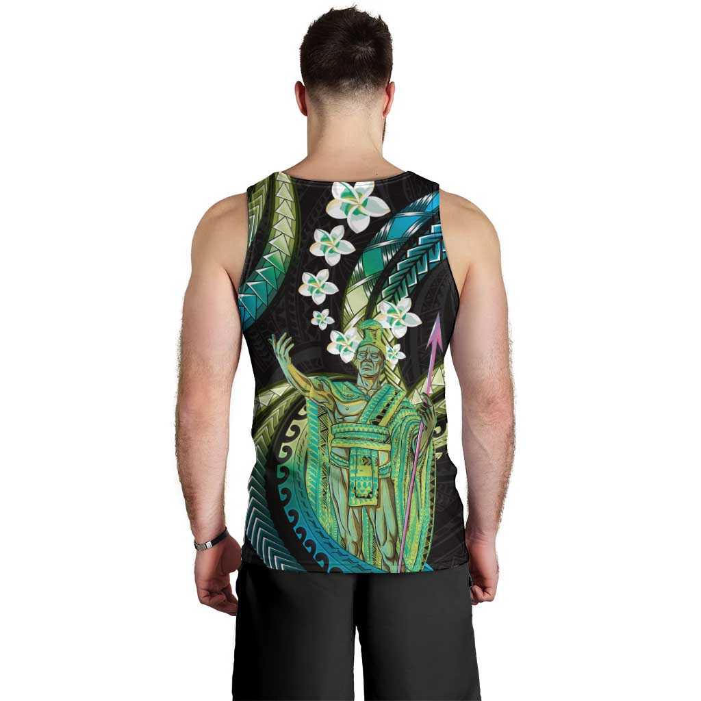 Hawaii King Kamehameha Men Tank Top Fantastic Plumeria Chartreuse Cyan