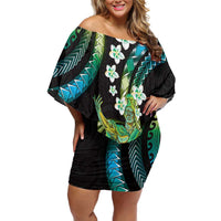 Hawaii King Kamehameha Off Shoulder Short Dress Fantastic Plumeria Chartreuse Cyan