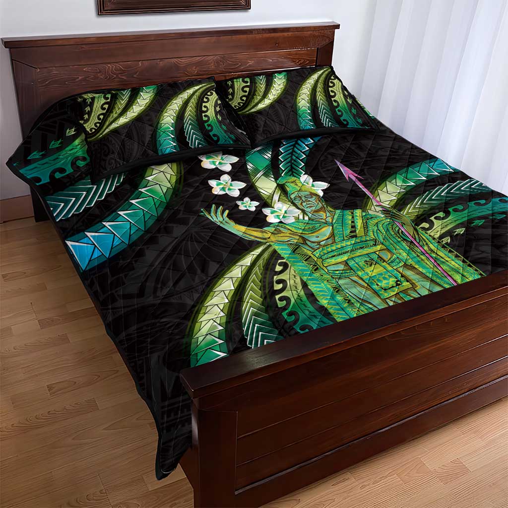 Hawaii King Kamehameha Quilt Bed Set Fantastic Plumeria Chartreuse Cyan