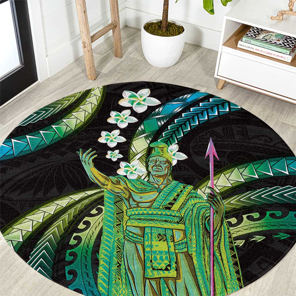 Hawaii King Kamehameha Round Carpet Fantastic Plumeria Chartreuse Cyan